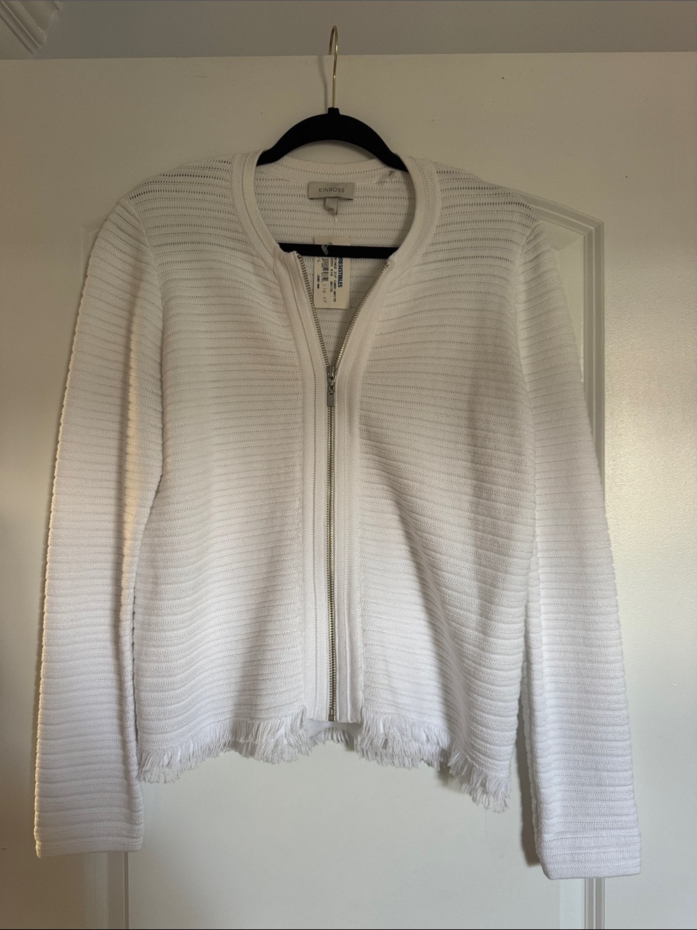 Kenar White Zip-Front Fringe Hem Women's Cardigan